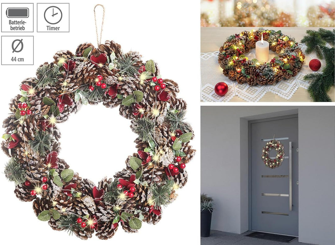 infactory Türkranz LED Weihnachten: Advents- und Weihnachtskranz mit LED-Beleuchtung, rot/grün, Ø 44