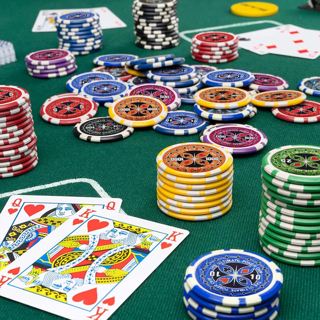 HOMASIS Pokerset mit 300 Chips, Alu Pokerkoffer mit 2 Kartendecks, 5 Würfeln, 1 Dealer Button, Poker