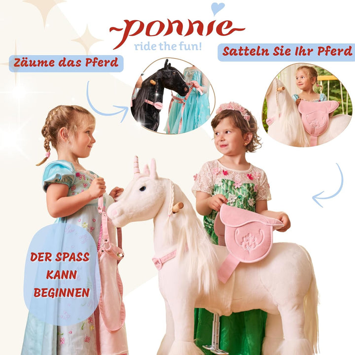 PONNIE Einhorn mit Rollen S (3-6 Jahre), Unicorn zum Reiten mit Abnehmbarer Rosa Sattel und Halfter