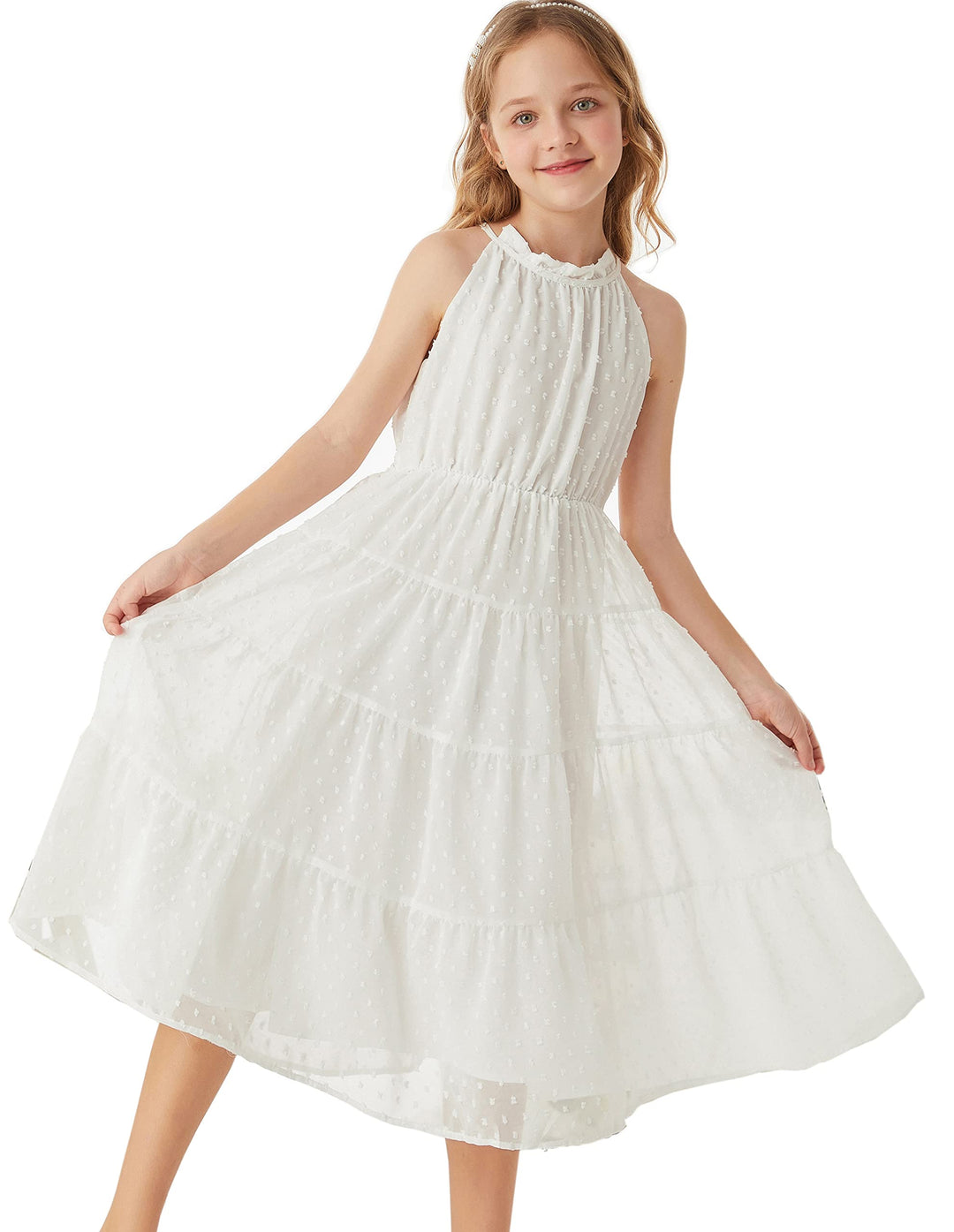 GRACE KARIN Mädchen Prinzessin Kleider Neckholder Swiss Dot Kleid A-Linie Maxikleid Casual Party Fes