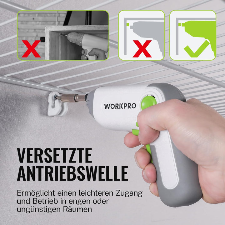 WORKPRO Akkuschrauber Set 3,6V, Exzentrischer Schraubendreher, mit 21 Bits und Verlängerungsstange,