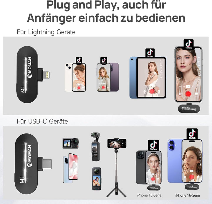 Moman Lavalier Wireless Microphone, CP1X(A) 2.4GHz【Lightning】 2TX&1RX Kabellose Ansteckmikrofon für