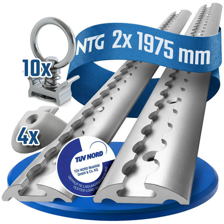 NTG 2X 2 m Alu Airlineschiene, halbrunde Form m. Bohrungen m. Fittingen-Starter Set- Ladungssicherun