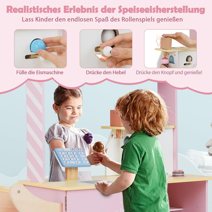 GOPLUS Eiswagen Kinder, Eisstand auf Rädern mit Verkaufsautomat, Eismaschinen-Spielzeug, Präsentatio