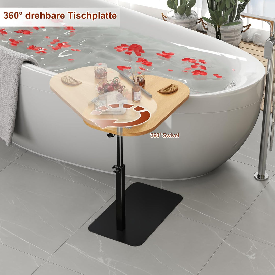 Massivholz Beistelltische c Form Höhenverstellbar, Metallbasis Couchtisch 360° Rotierend Klein Beist