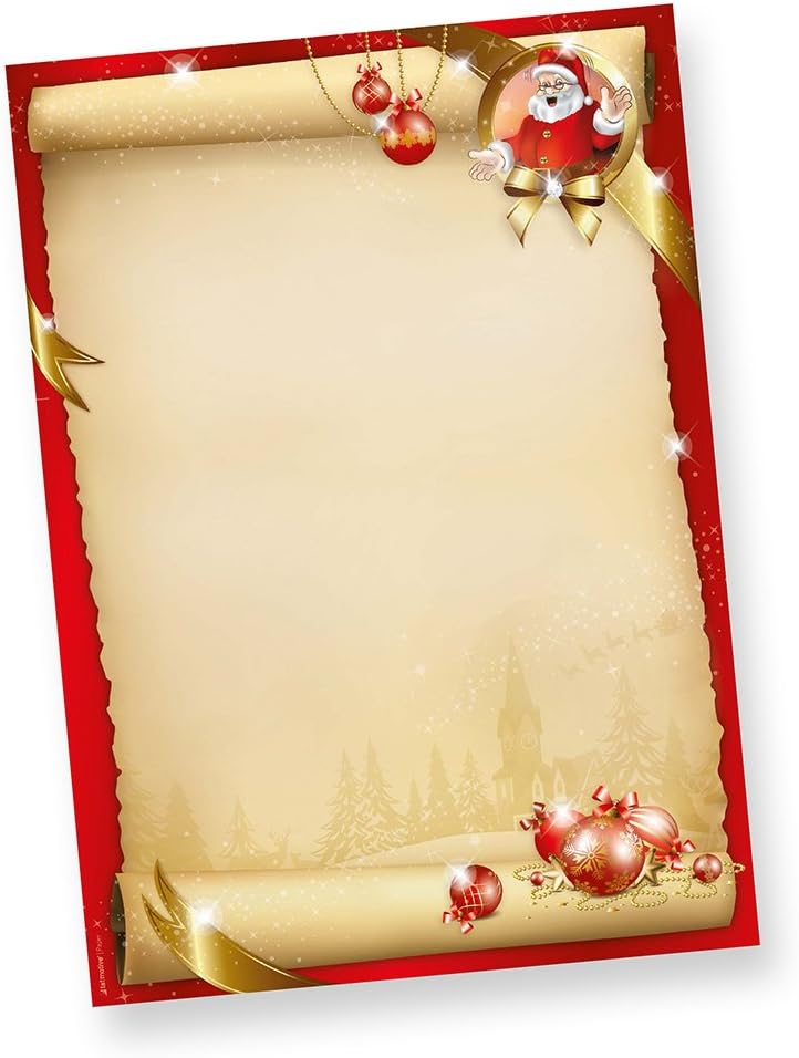 Briefpapier Weihnachten Set Santa Claus (25 Sets ohne Fenster) DIN A4 Weihnachtsbriefpapier mit Umsc