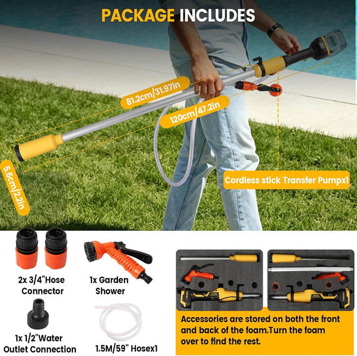 Kabellose Stick-Wasser-Transferpumpe für Dewalt 18/20 V, tragbare Tauchpumpe, 2736 l/h &amp; 5 m Hebebüh