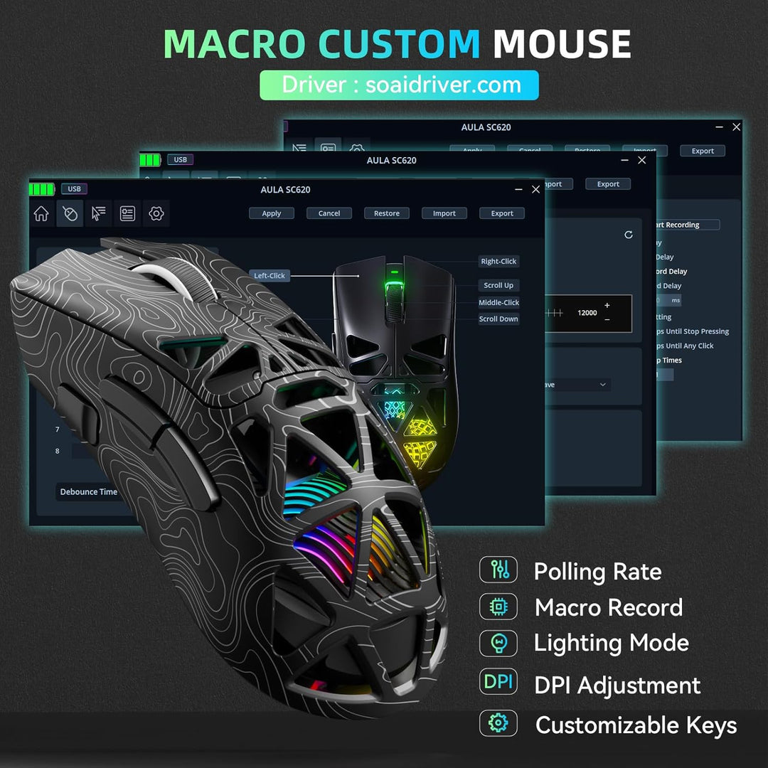 AULA SC620 Kabellose Gaming Maus,BT5.0/2.4G/USB-C,mit PixArt PAW3311-Sensor,12000DPI,8KHz,Feuertaste