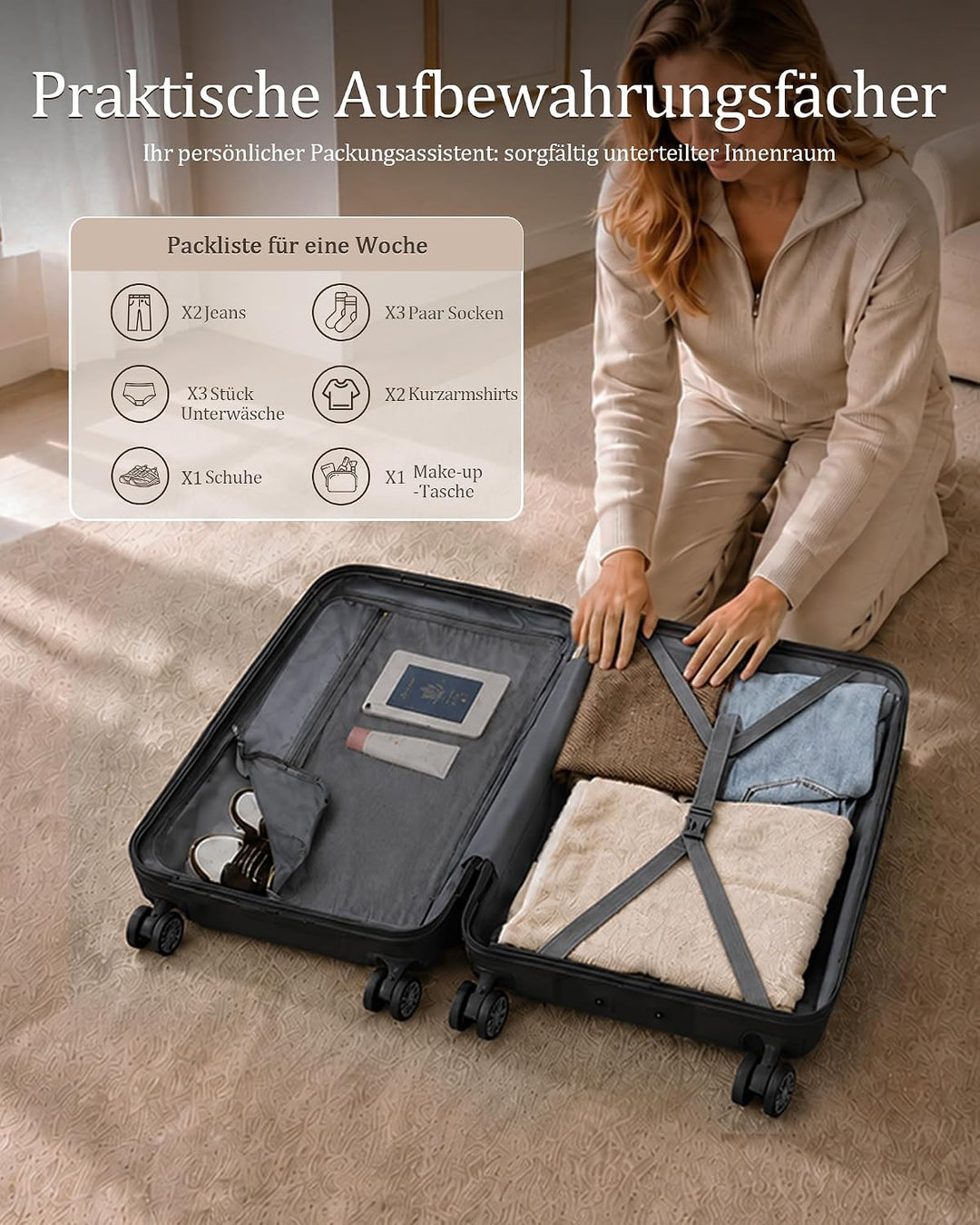 KONO Koffer Trolleys Gepäcksets 4 Teilig Kofferset mit Beautycase Polypropylen Hartschalenkoffer Rei