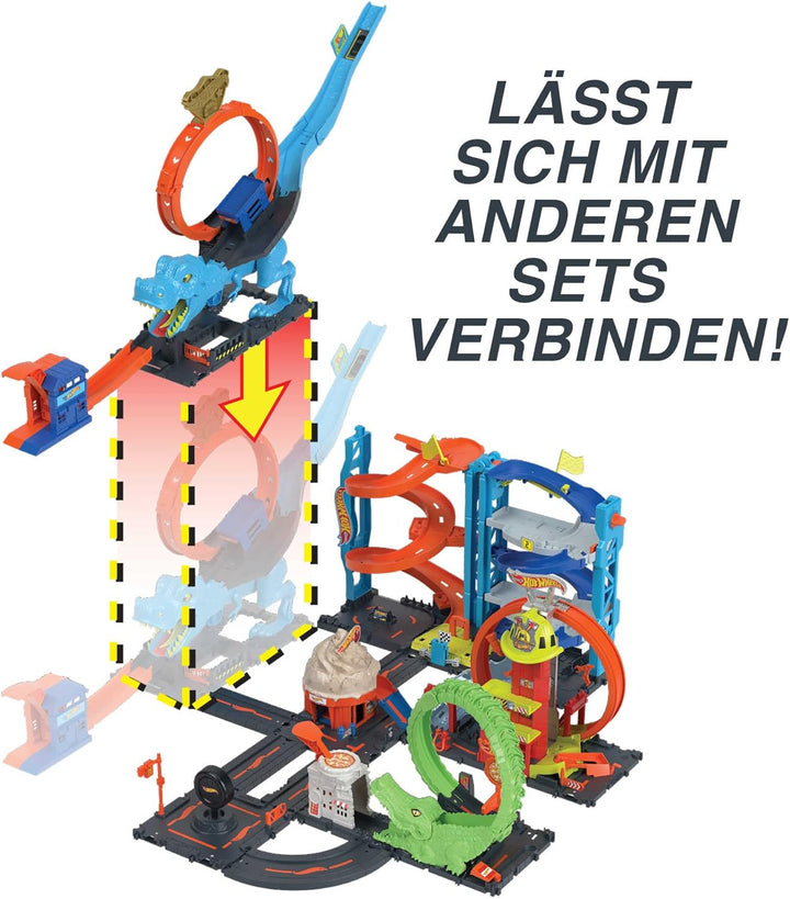 Hot Wheels Autorennbahn T-Rex Angriff, Geschicklichkeitsspiel durch genaues Timing und Zielen, mit L