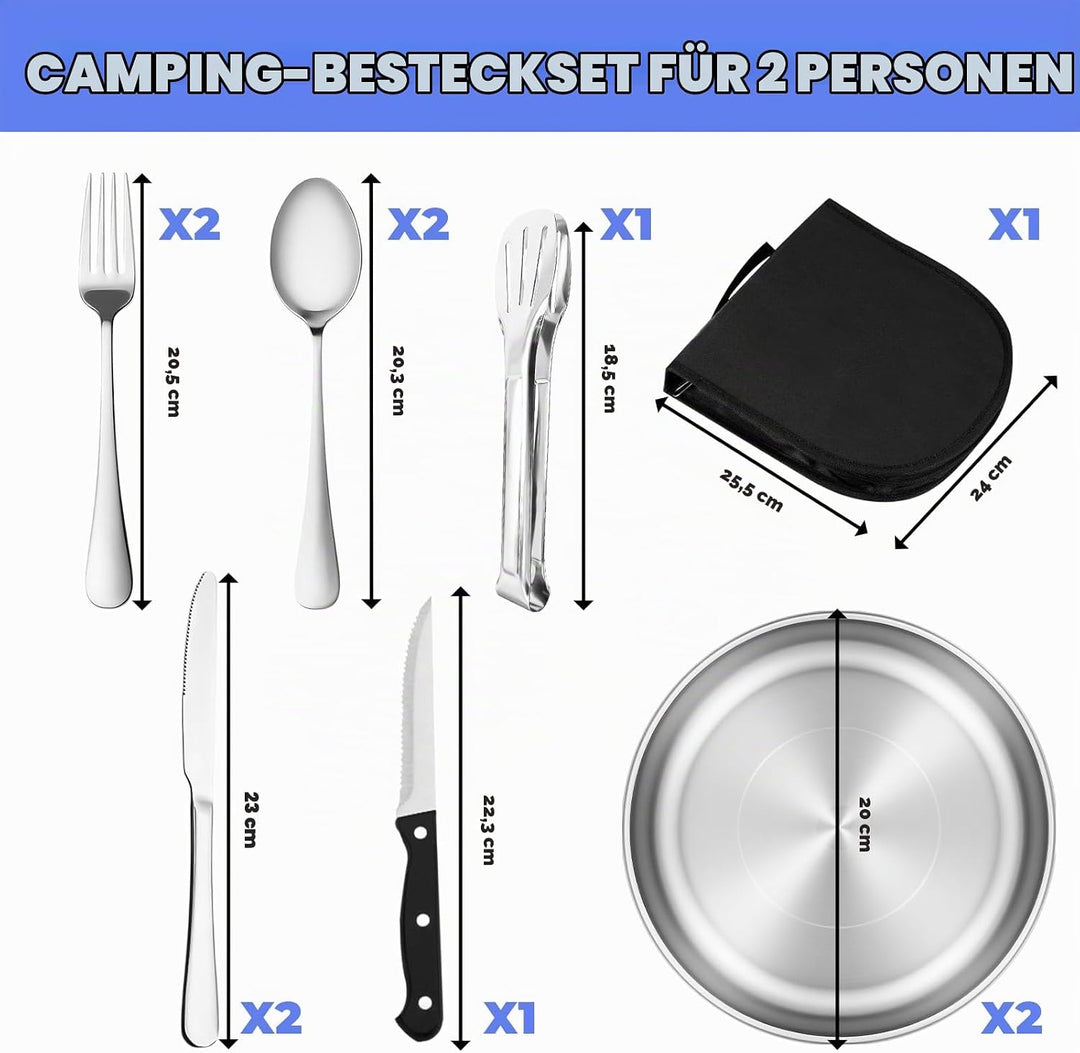 Camping Geschirr Set 2 Personen, 10 Stück Edelstahl Camping Besteck, Hochwertiges, Platzsparend für