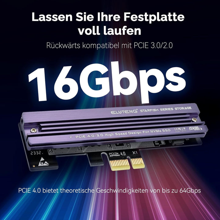 ELUTENG M.2 NVMe zu PCIe 4.0 X1 Adapter Karte, Aluminium-Kühlkörper-Lösung, M.2 SSD PCI Express NVMe