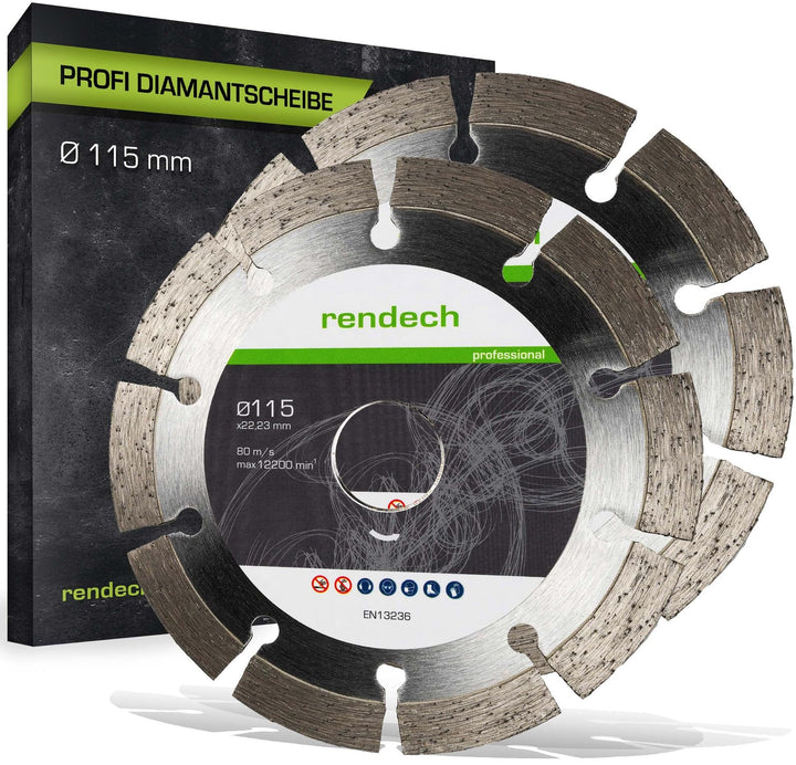 rendech® Profi Diamantscheibe 115mm für Beton, Mauerwerk, Granit, Stein, Ziegel uvm. - Diamanttrenns
