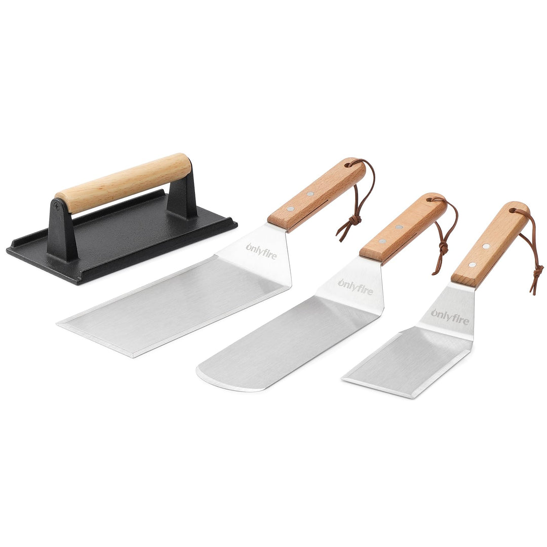Onlyfire Grillspachtel Plancha Kit – Edelstahl-Grillspachtel , Schaber und Gusseisen-Grillpresse für