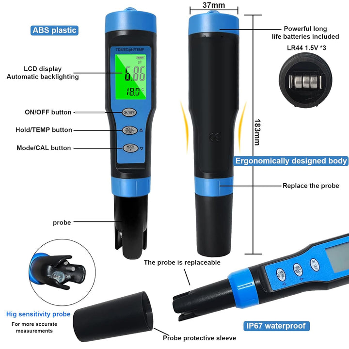 Ueomul pH Messgerät 4 IN 1 mit TDS EC Temperatur Multi-Parameter-Tester 0,01 Auflösung hohe Genauigk