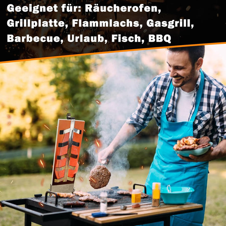 Flammlachsbretter 4er Set – Tannenholz Räucherbrett mit Edelstahl-Halterung (5-Fach verstellbar) – i