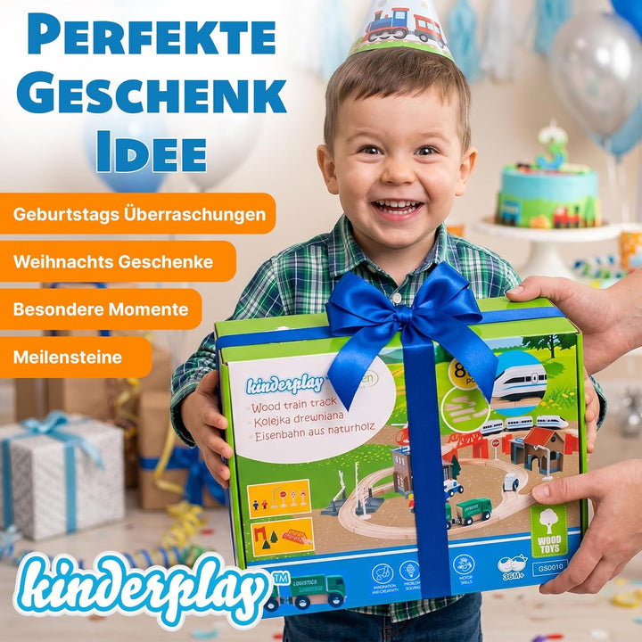 Green series Holzeisenbahn Set für Kinder - Eisenbahn Holz | Spielzeug Zug | Polizeistation, Autobah