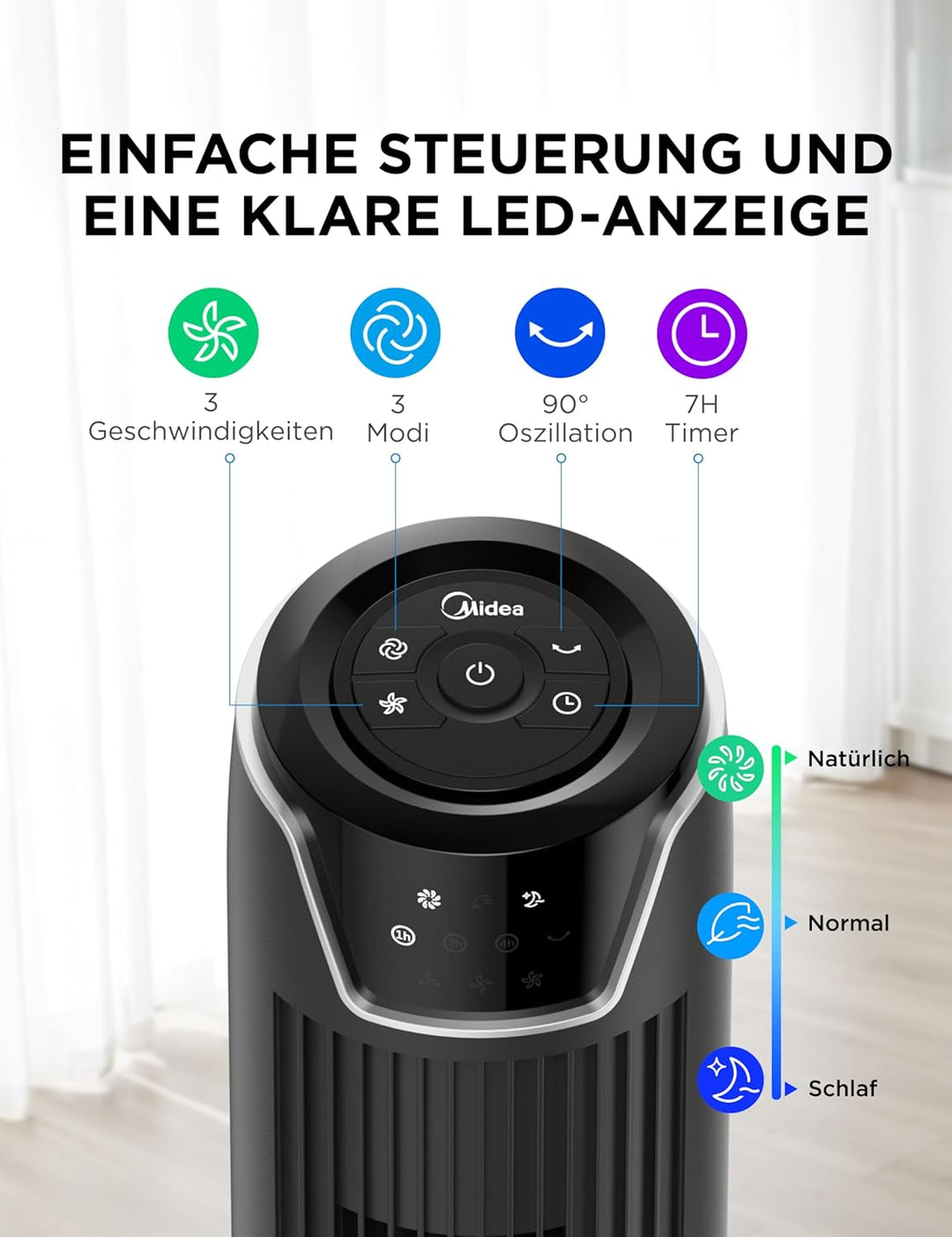 Midea FZ10-17JR Turmventilator Leise mit Fernbedienung 92CM, mobiler Lüfter,Ventilator Säulenventila