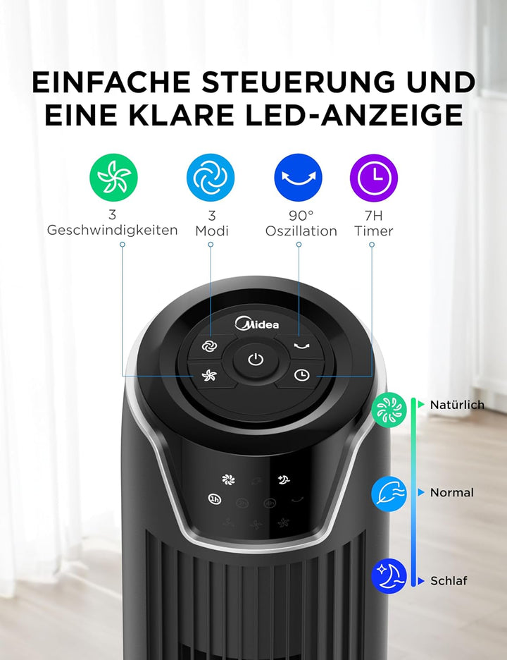 Midea FZ10-17JR Turmventilator Leise mit Fernbedienung 92CM, mobiler Lüfter,Ventilator Säulenventila