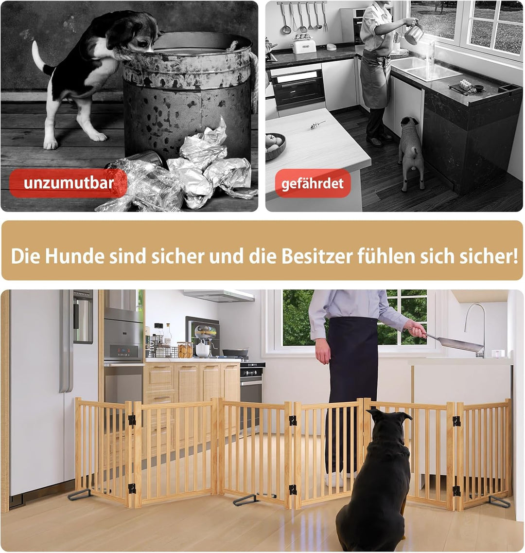Lackfreies Naturholz-Hundeabsperrgitter, 6-teilig faltbar &amp; 360° drehbar – Sicher als Welpen- und Ki