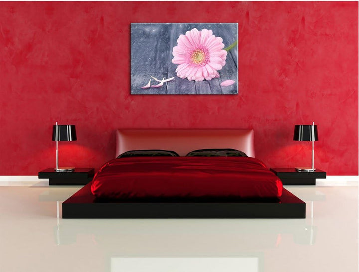 Pixxprint Pinke Gerbera auf rustikalem Boden Kunst Buntstift Effekt, Format: 100x70 auf Leinwand, 10