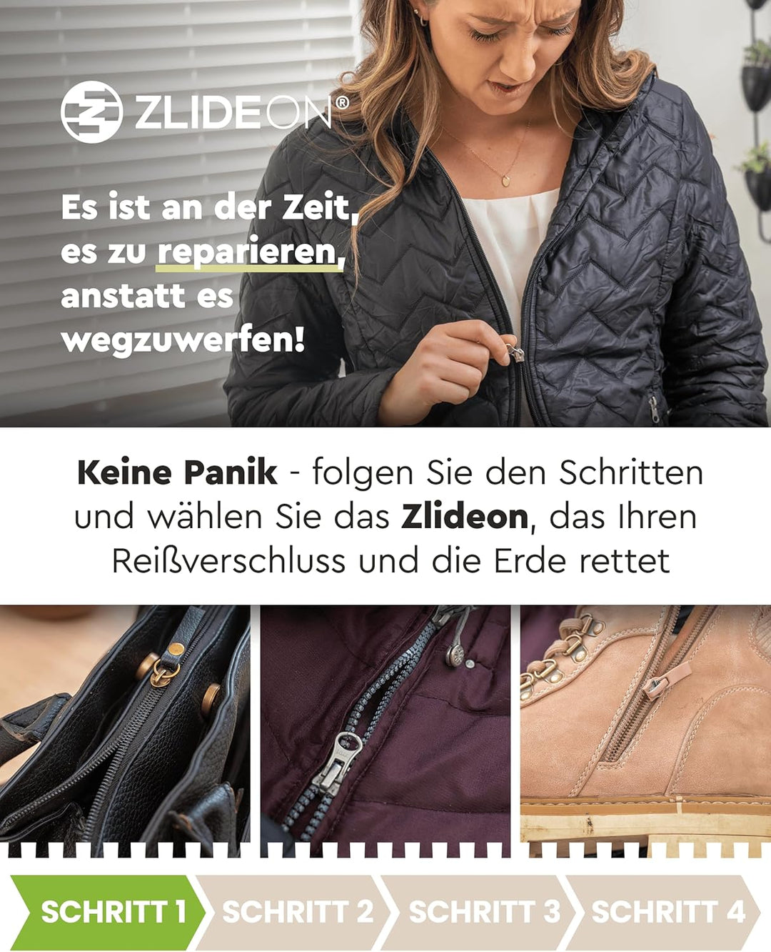 ZlideOn Reissverschluss Ersatz - 3 Stk., Schwarz, Gross - Instant Zipper Reissverschluss Schieber Mu