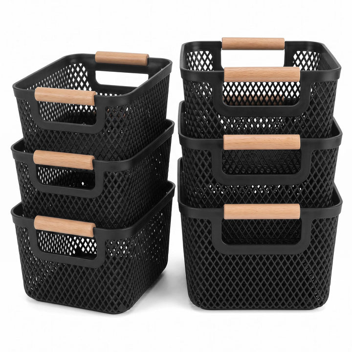 Aufbewahrungsbox Kunststoff Schwarz 6er Set, Kunststoff-Netzkörbe mit Holzgriff, offene Organizer Bo