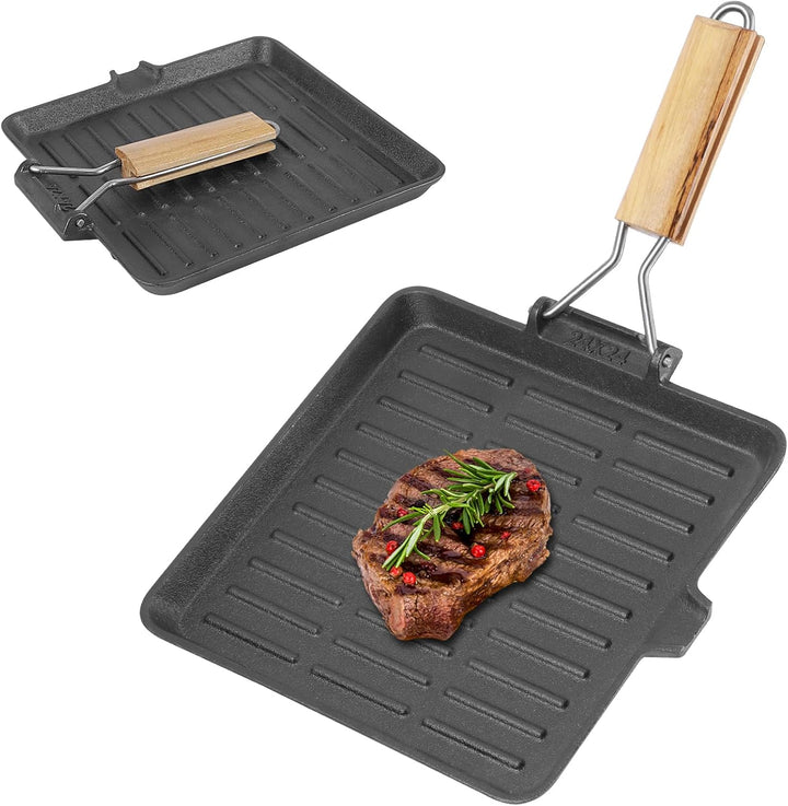 Houkiper Steakpfanne 24x24 cm – Rechteckige Steakpfanne mit Grillrillen, Grillpfanne Gusseisen Induk
