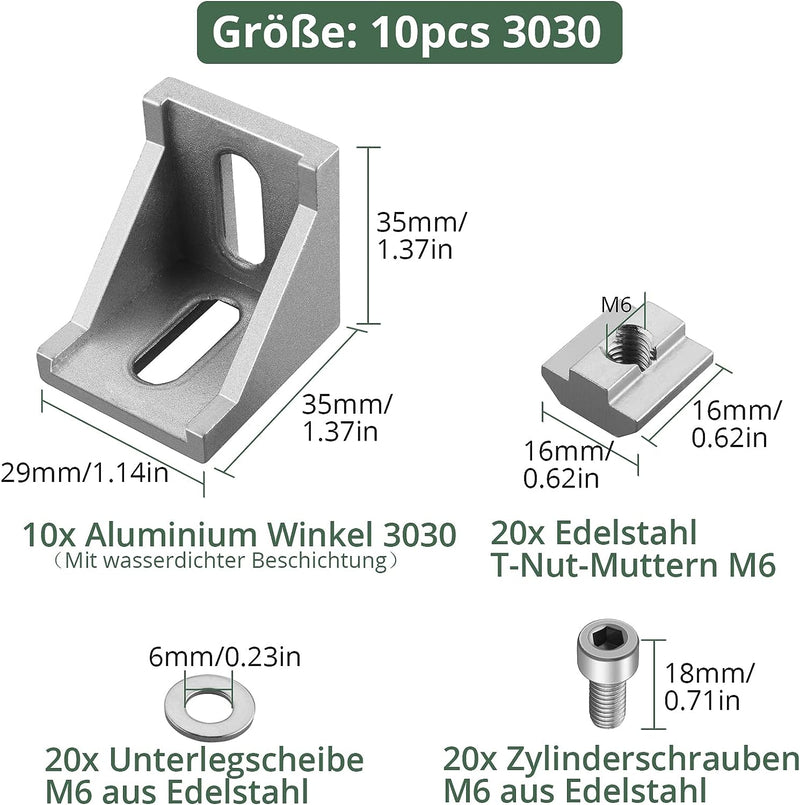 10x EYPINS Befestigungsmaterial Winkel, Aluprofil 30x30 Nut 8 Winkelverbinder wasserdicht & rostfrei