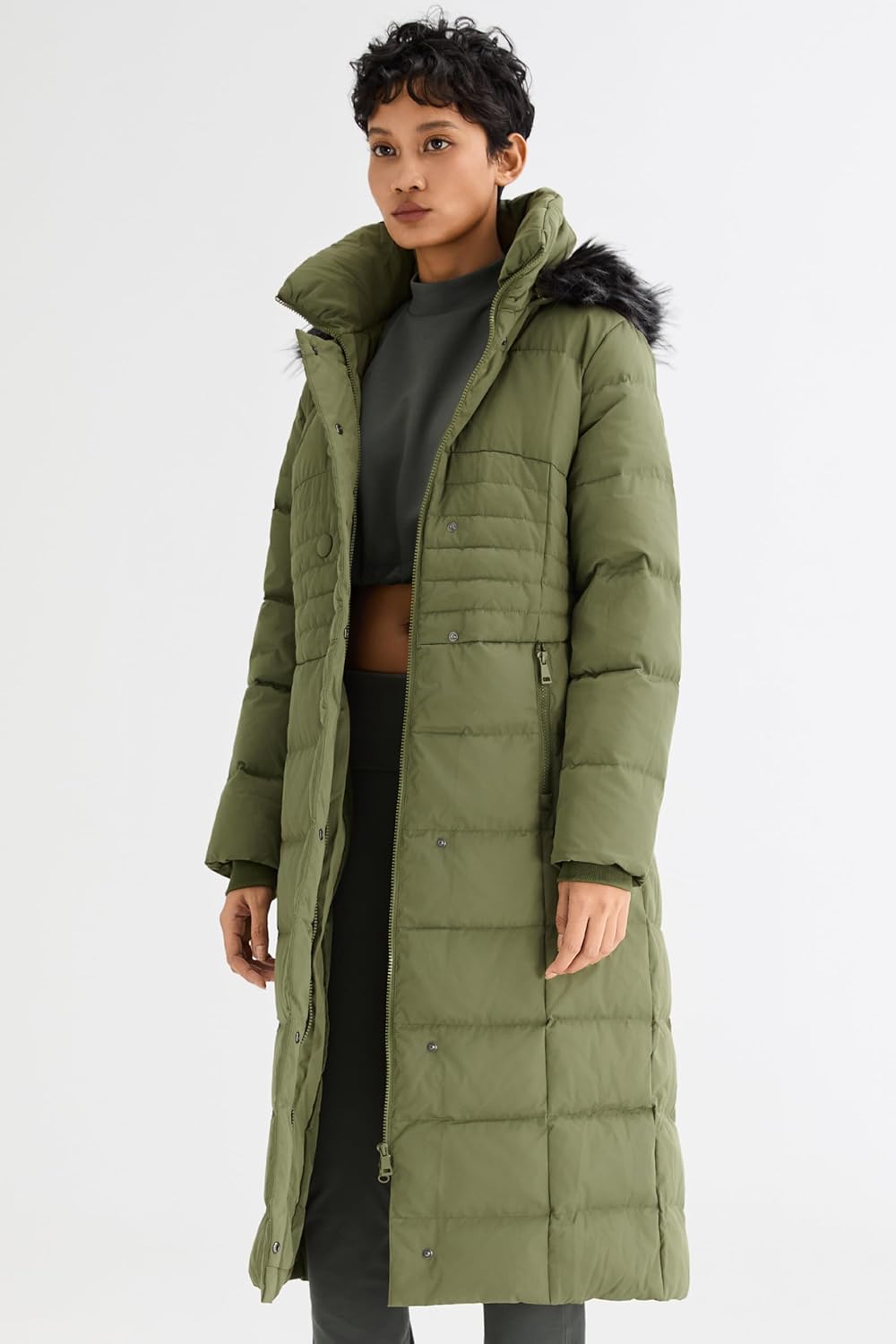 Orolay Damen Daunenmantel Lang Warm Winterjacke mit Kapuze Kunstpelz M Armeegrün, M Armeegrün