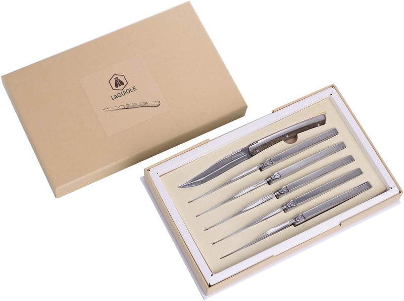 LAGUIOLE - Set mit 6 Design-Tischmessern - Edelstahl, Zebra-Holzgriff - Schlankes Design für einen t