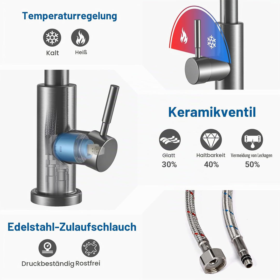 Wasserhahn Küche, Hoher Bogen Küchenarmatur mit Herausziehbarer Brause Ausziehbar Armatur 360° Schwe