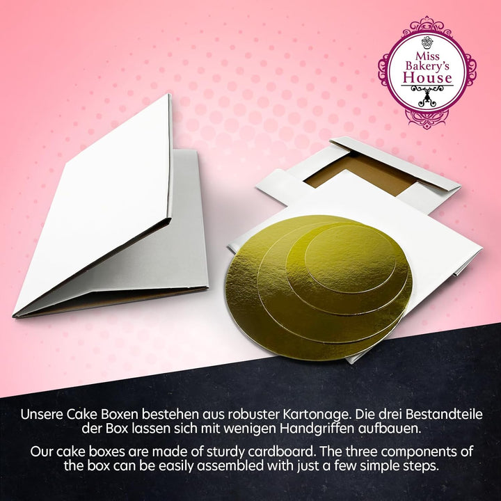 Miss Bakery’s House® Tortenkarton - 30x30x45 cm mit Cake Board Set 2 mm - Ø 15 + 20 + 25 + 30 cm (4e