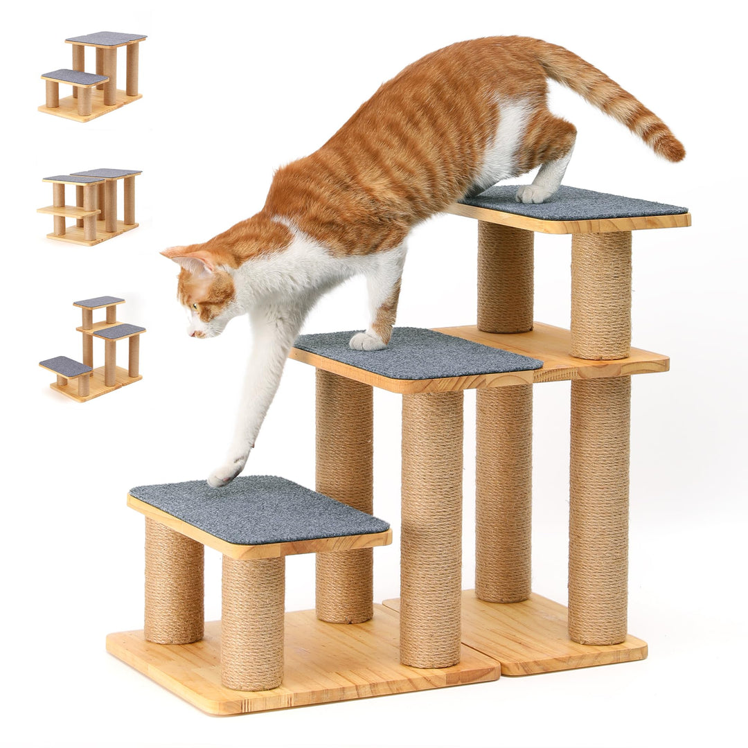 FUKUMARU Hundetreppe, 3 Stufen Haustiertreppe, Katzentreppe aus Kiefernholz und Jute，18-51cm einstel