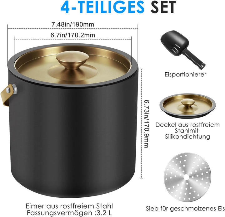 3.2L Eiswürfelbehälter mit Deckel und Schaufel, Edelstahl Eiskübel Doppelwandiger Isolierter Eisbehä