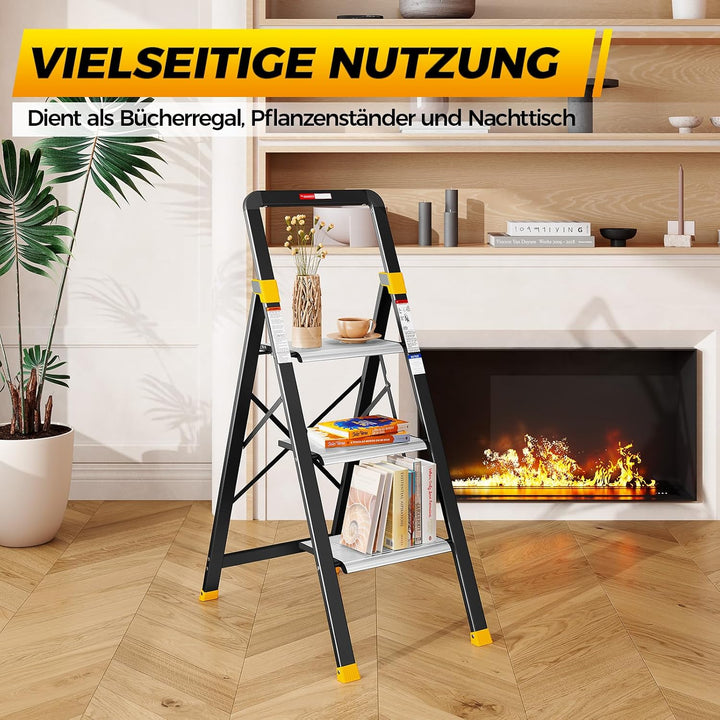 KINGRACK Trittleiter 3 Stufen Klappbar Aluminium, Klappleiter mit Handlauf, Haushaltsleiter Anti-Rut