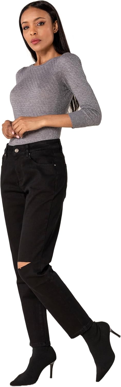 Nina Carter Damen Boyfriend Jeanshosen High Waist MOM Jeans Cutted Knee Used-Look Waschungseffekt XS