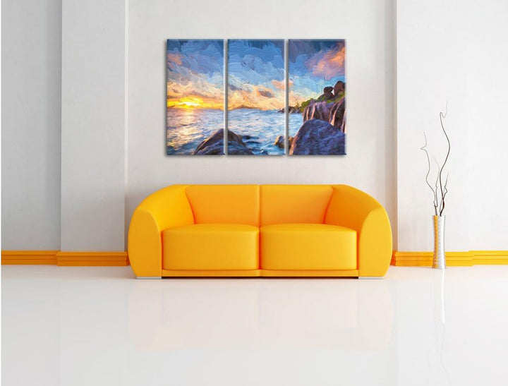 Pixxprint Sonnenuntergang Seychellen Kunst / 3-Teilig/Gesamtmass 120cm Leinwandbild bespannt auf Hol