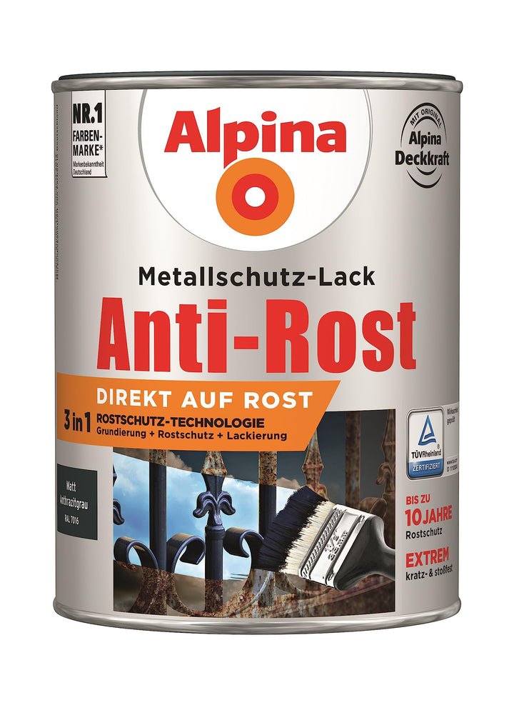 Alpina Metallschutzlack Anti-Rost Anthrazitgrau 2,5 Liter matt 2.5 l (1er Pack) Anthrazitgrau matt,