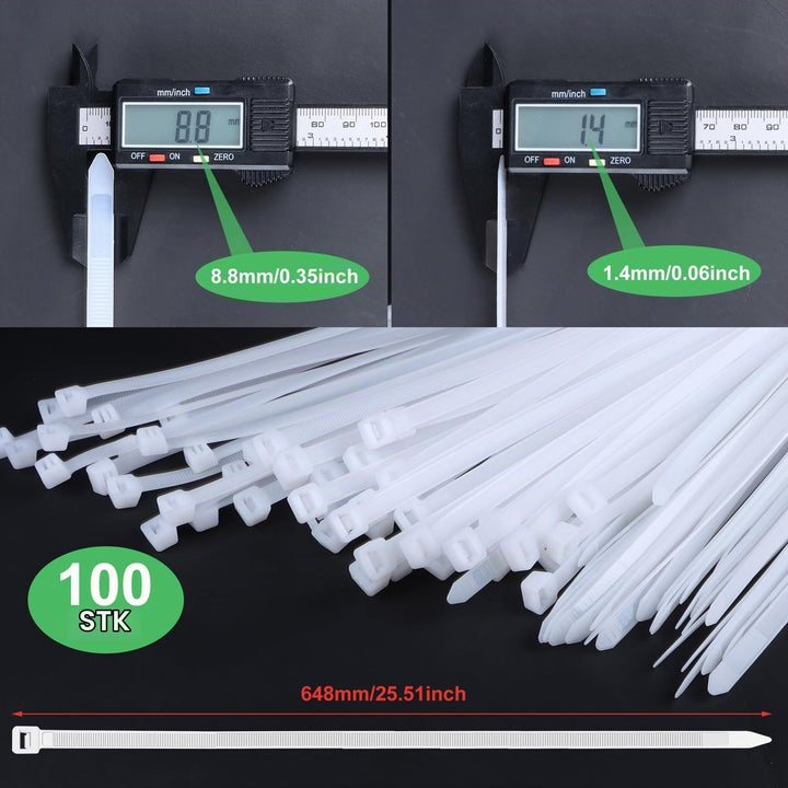 Kabelbinder Weiss Extra Lang 100 Stück 650 × 8.8mm Breit Cable Ties mit 70 kg Zugfestigkeit Kann im