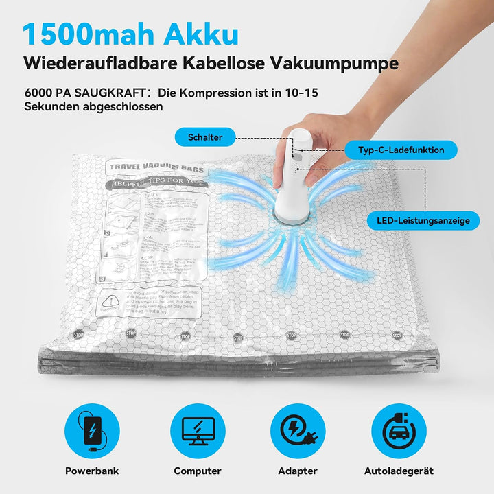 Vakuumbeutel für Kleidung Reise mit Kabellose Pumpe,16 Stück Vacuum Storage Bags für bettdecken in 4