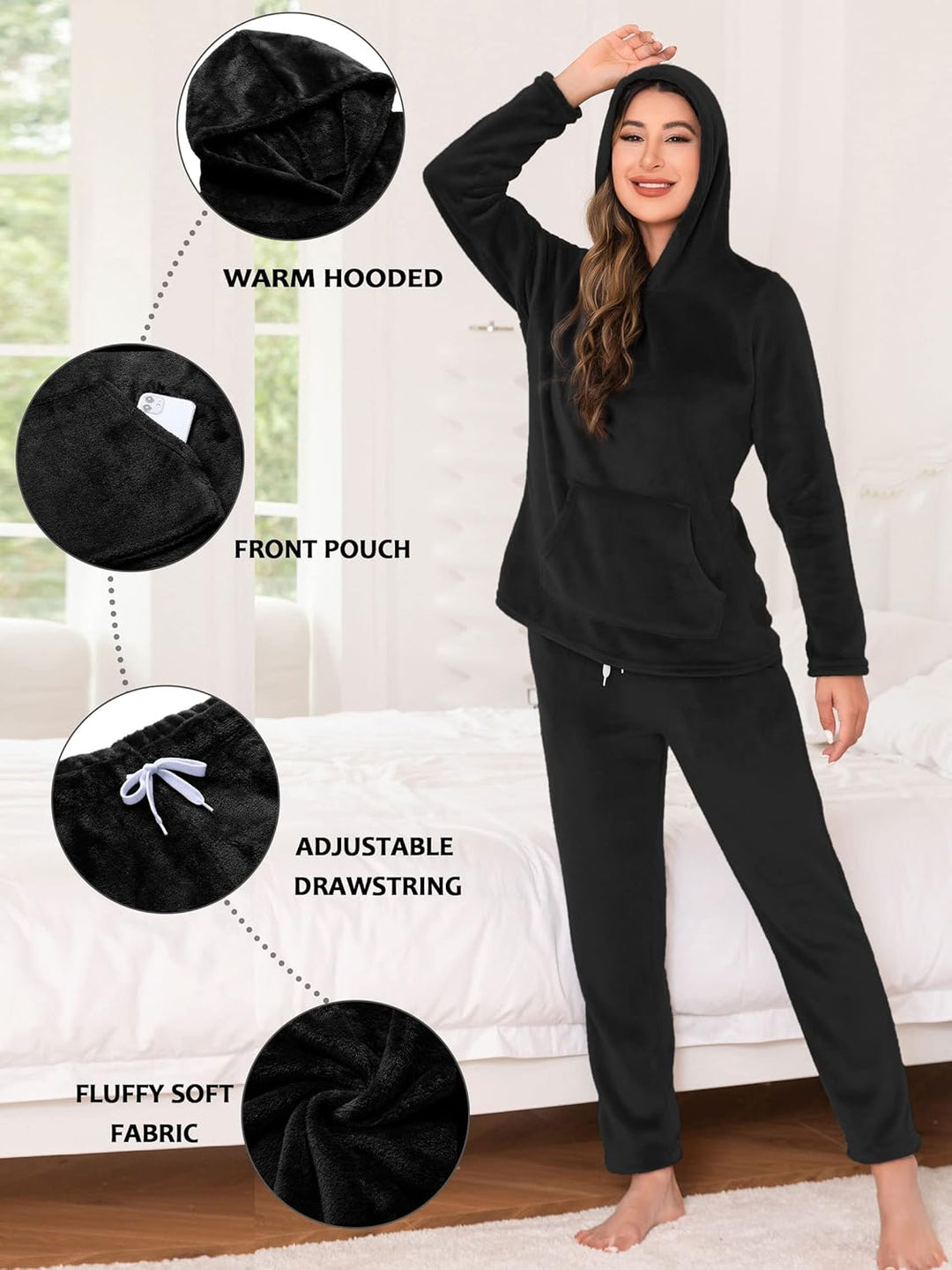 Lovasy Fleece Schlafanzug Damen Winter Lang Pyjama Set Warmer Flauschiger Frottee Schlafanzüge für D