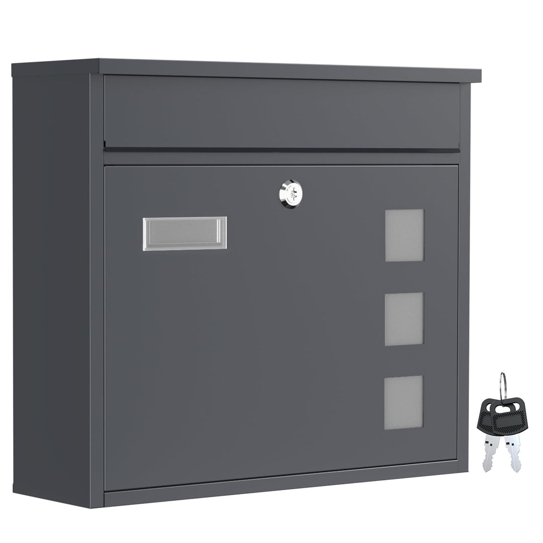 Wiltec Briefkasten V12 Anthrazit 360 x 115 x 320 mm, Wandbriefkasten mit Schloss, Sichtfenstern und