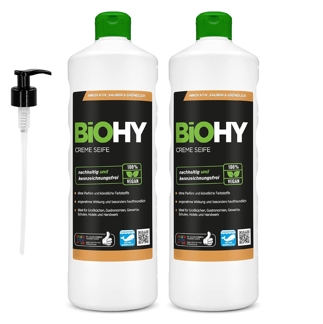 BiOHY Creme Seife (2 x 1 liter) + Pumpspender | Hautschonende, rückfettende & geruchsneutrale Handse