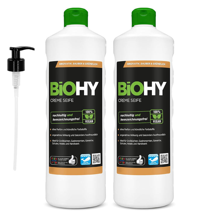 BiOHY Creme Seife (2 x 1 liter) + Pumpspender | Hautschonende, rückfettende & geruchsneutrale Handse