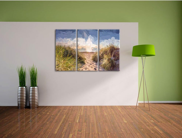 Pixxprint der Weg ins Meer Kunst Pinsel Effekt 3-Teiler Leinwandbild 120x80 Bild auf Leinwand