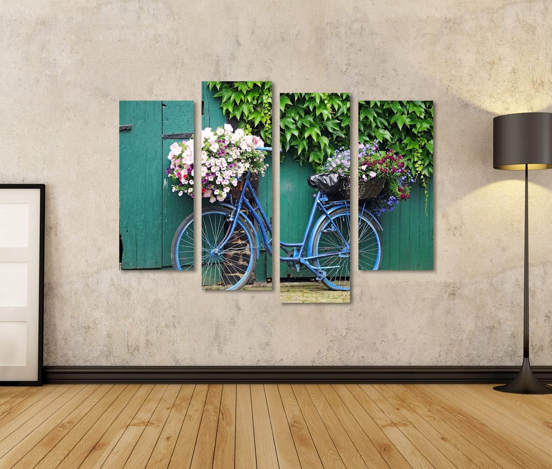 islandburner Bild auf Leinwand Fahrrad Blumen Bilder Wandbilder Poster Leinwand 130x80cm - 4 Teile,