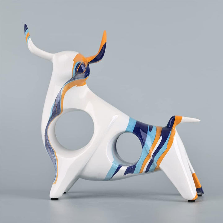 Stierstatue aus Kunstharz in Blau-Orange, minimalistische, vollfarbige Stierfigur, Originalität, abs