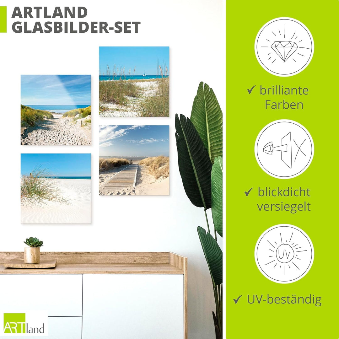 ARTland Glasbilder Wandbild Glas Bild Set 4 teilig je 20x20 cm Quadratisch Strand Meer Nordsee Küste