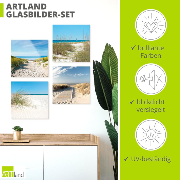 ARTland Glasbilder Wandbild Glas Bild Set 4 teilig je 20x20 cm Quadratisch Strand Meer Nordsee Küste